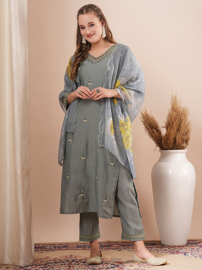 Solid Ethnic Embroidered Straight Fit Kurta with Pant & Printed Dupatta - Grey