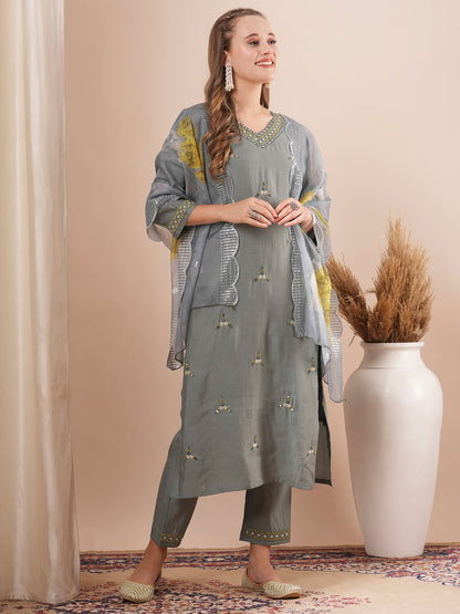 Solid Ethnic Embroidered Straight Fit Kurta with Pant & Printed Dupatta - Grey