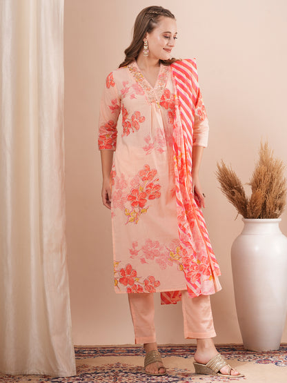 Floral Printed & Embroidered Straight Fit Kurta with Pant and Dupatta - Peach