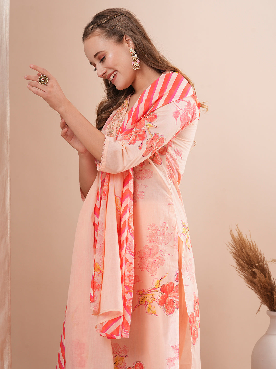 Floral Printed & Embroidered Straight Fit Kurta with Pant and Dupatta - Peach