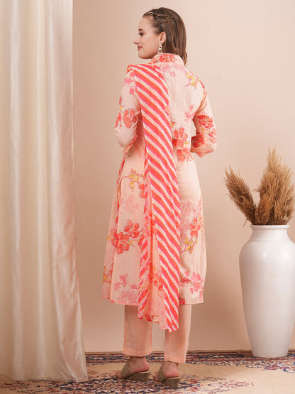 Floral Printed & Embroidered Straight Fit Kurta with Pant and Dupatta - Peach