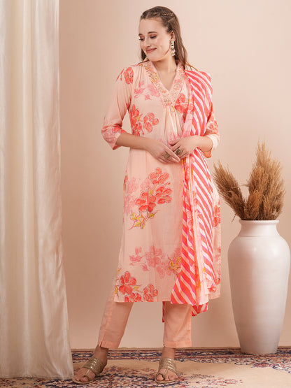 Floral Printed & Embroidered Straight Fit Kurta with Pant and Dupatta - Peach