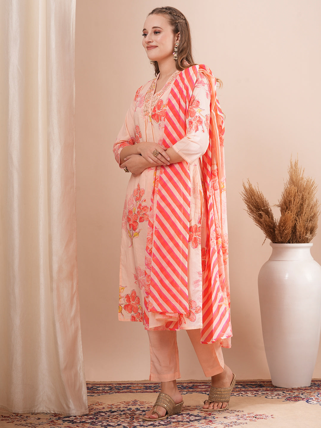 Floral Printed & Embroidered Straight Fit Kurta with Pant and Dupatta - Peach