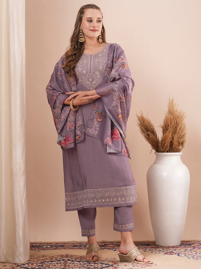 Solid Floral Embroidered Straight Fit Kurta with Pant and Floral Printed Dupatta - Purple