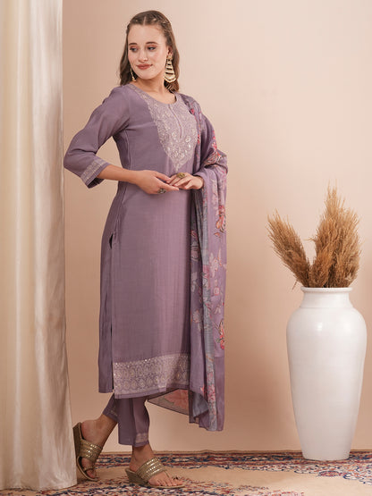 Solid Floral Embroidered Straight Fit Kurta with Pant and Floral Printed Dupatta - Purple