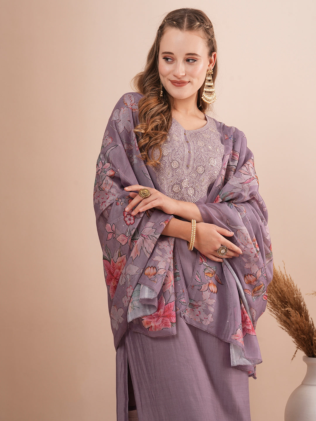 Solid Floral Embroidered Straight Fit Kurta with Pant and Floral Printed Dupatta - Purple