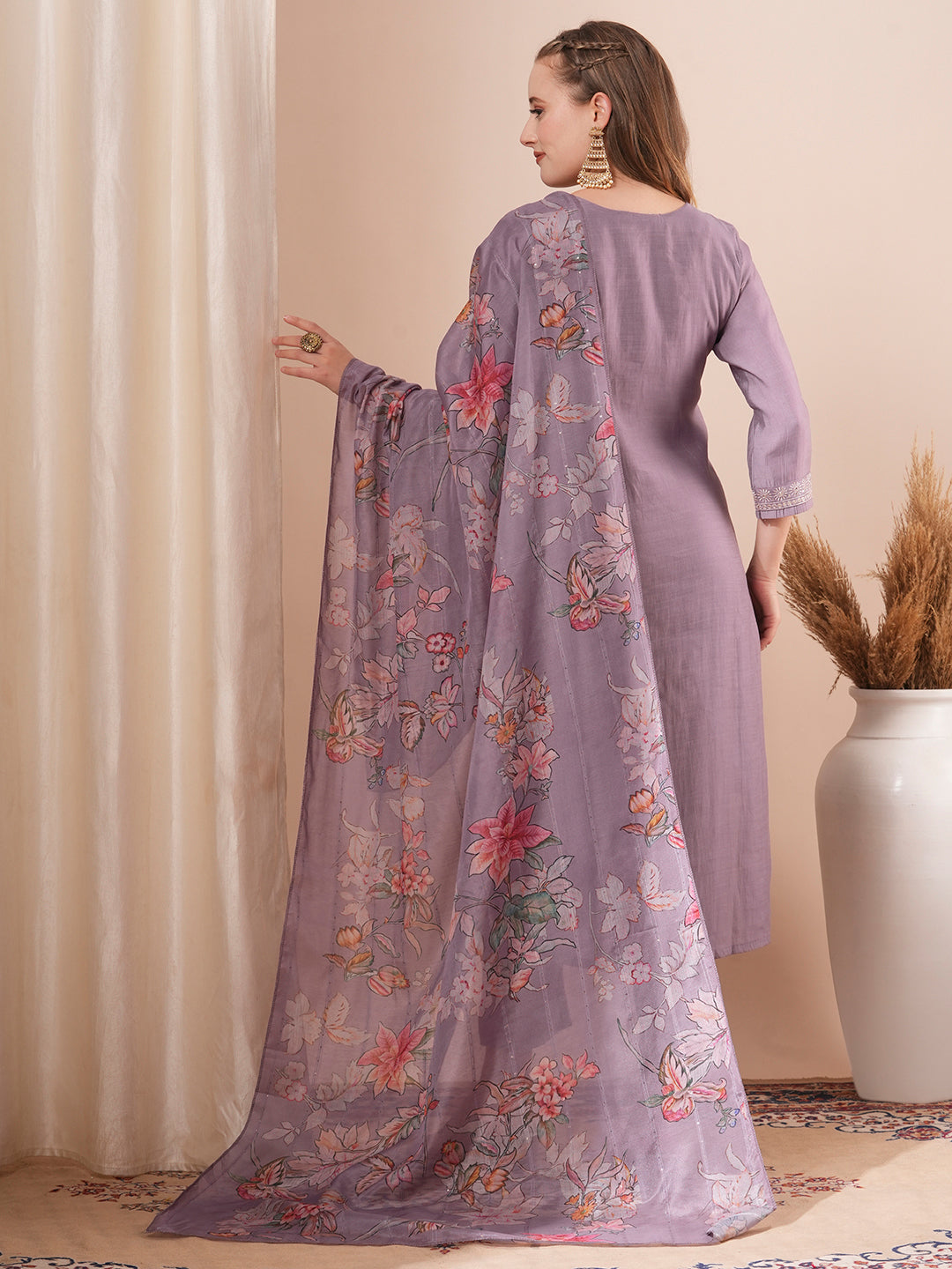 Solid Floral Embroidered Straight Fit Kurta with Pant and Floral Printed Dupatta - Purple