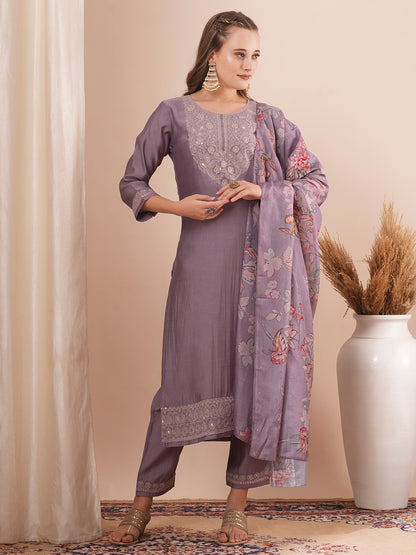 Solid Floral Embroidered Straight Fit Kurta with Pant and Floral Printed Dupatta - Purple