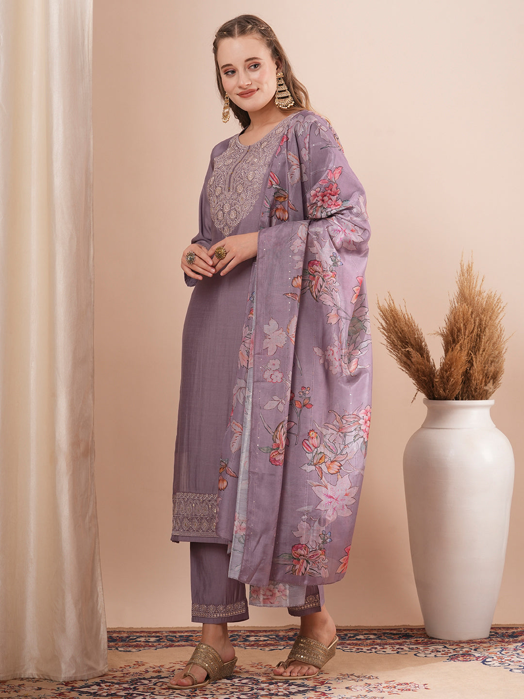 Solid Floral Embroidered Straight Fit Kurta with Pant and Floral Printed Dupatta - Purple