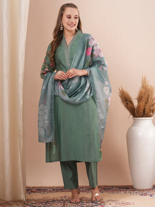 Solid Floral Embroidered Straight Fit Kurta with Pant and Printed Dupatta - Green