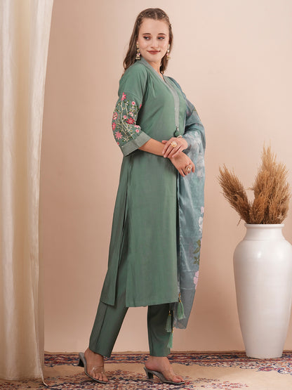 Solid Floral Embroidered Straight Fit Kurta with Pant and Printed Dupatta - Green