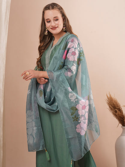 Solid Floral Embroidered Straight Fit Kurta with Pant and Printed Dupatta - Green