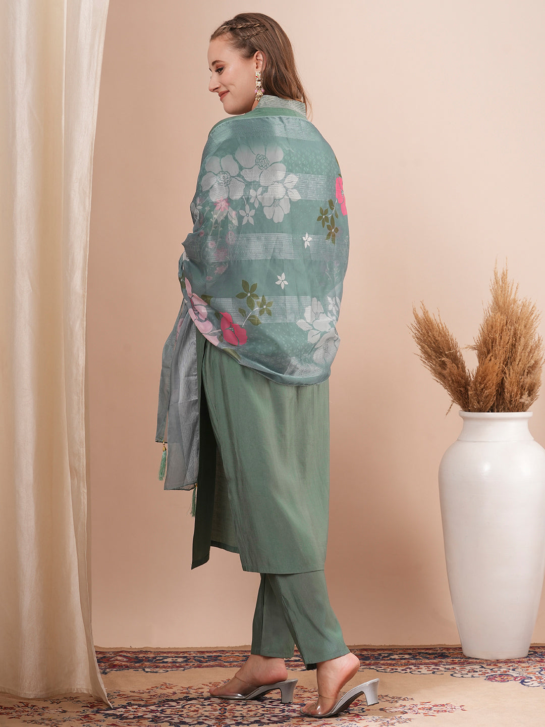 Solid Floral Embroidered Straight Fit Kurta with Pant and Printed Dupatta - Green