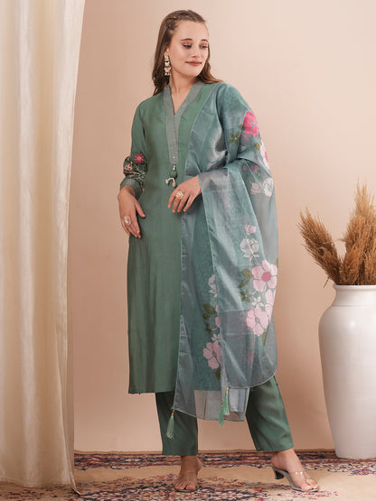 Solid Floral Embroidered Straight Fit Kurta with Pant and Printed Dupatta - Green