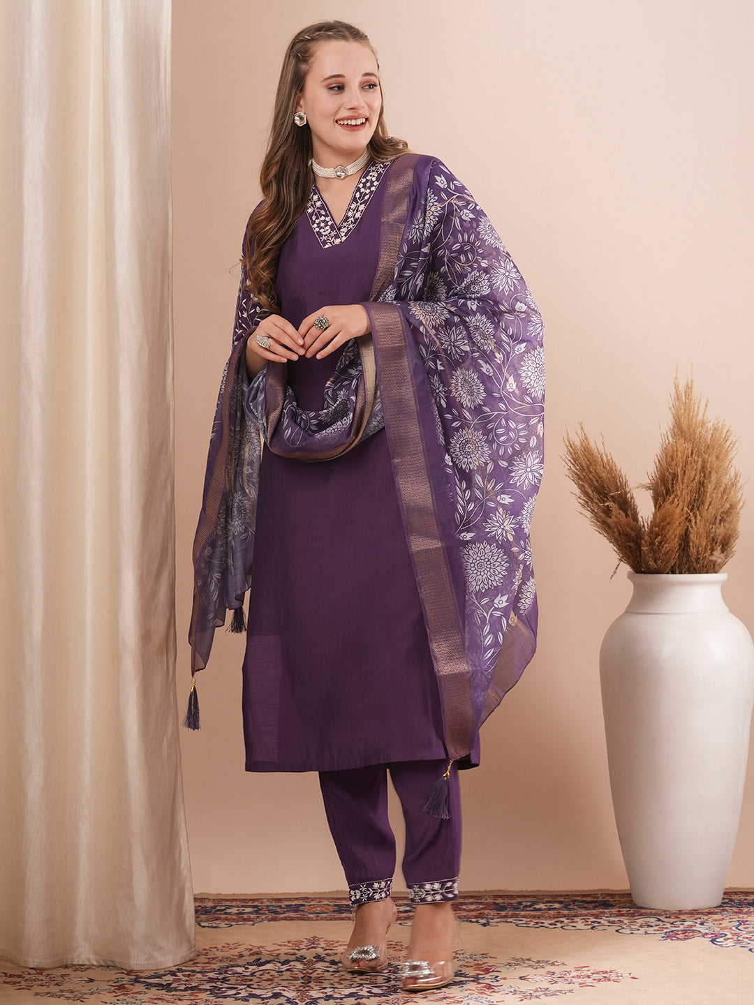 Solid Floral Embroidered Straight Fit Kurta with Pant and Printed Dupatta - Purple