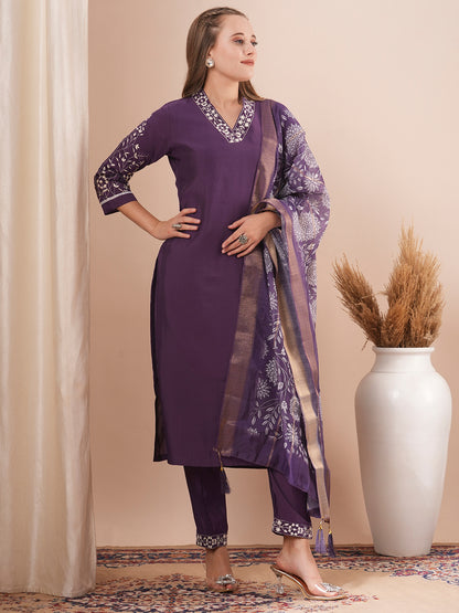 Solid Floral Embroidered Straight Fit Kurta with Pant and Printed Dupatta - Purple