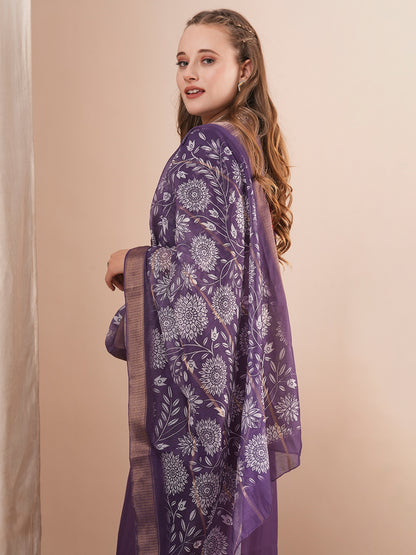 Solid Floral Embroidered Straight Fit Kurta with Pant and Printed Dupatta - Purple