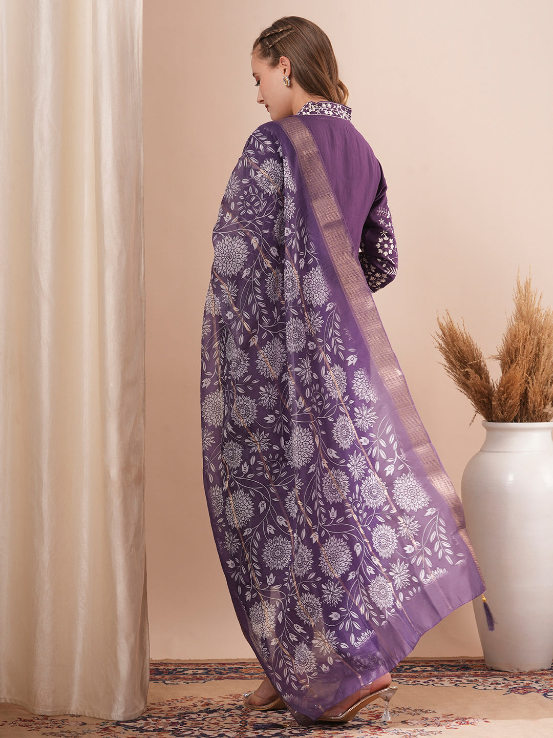 Solid Floral Embroidered Straight Fit Kurta with Pant and Printed Dupatta - Purple