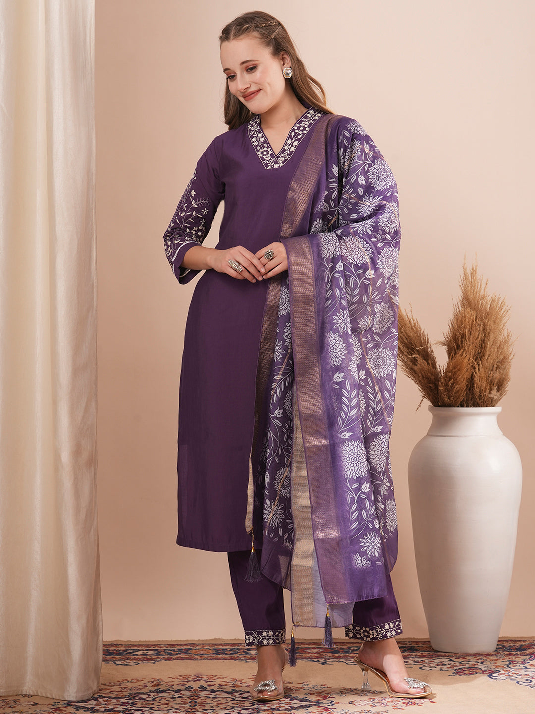 Solid Floral Embroidered Straight Fit Kurta with Pant and Printed Dupatta - Purple