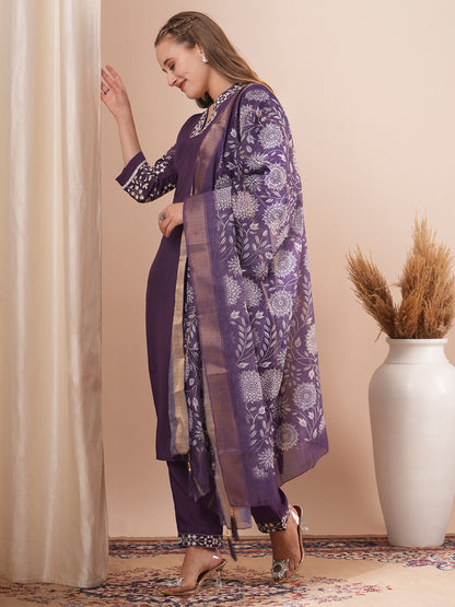 Solid Floral Embroidered Straight Fit Kurta with Pant and Printed Dupatta - Purple