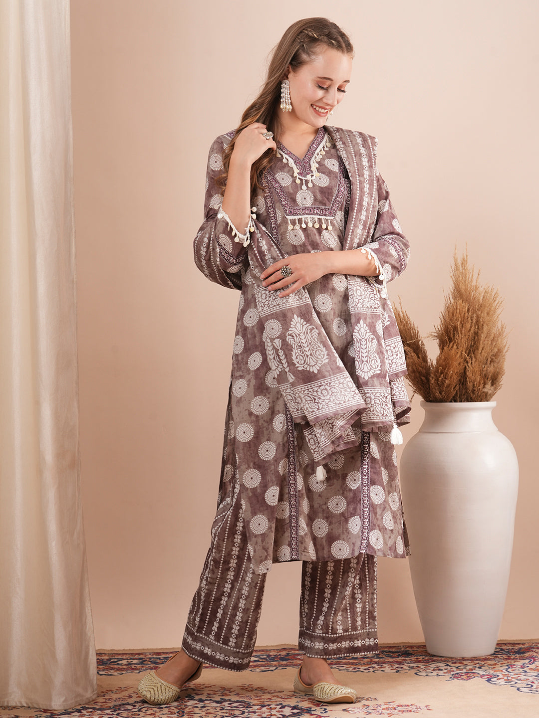 Ethnic Printed Straight Fit Kurta with Palazzo & Dupatta - Brown