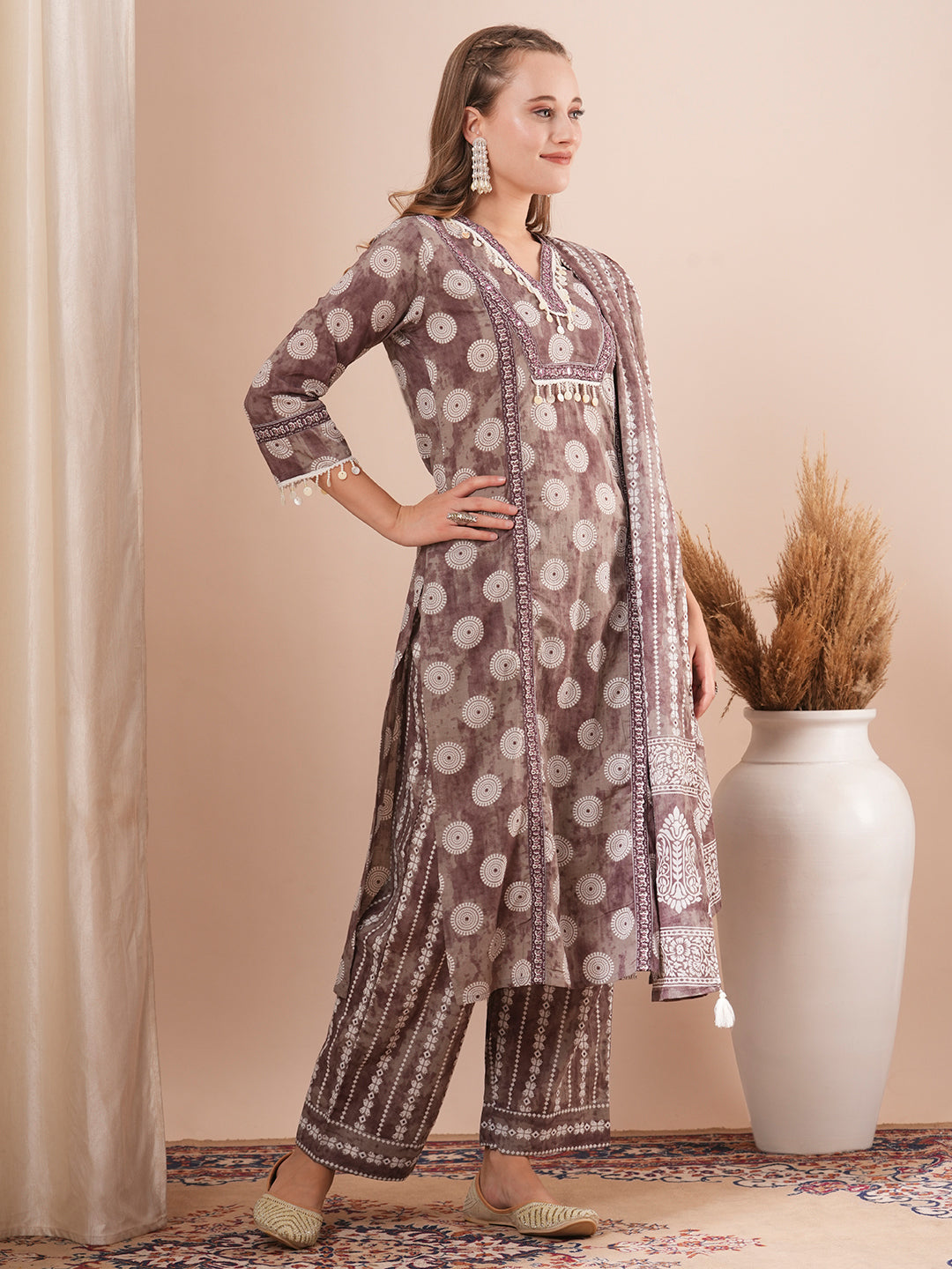 Ethnic Printed Straight Fit Kurta with Palazzo & Dupatta - Brown