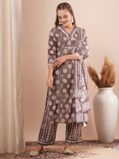 Ethnic Printed Straight Fit Kurta with Palazzo & Dupatta - Brown