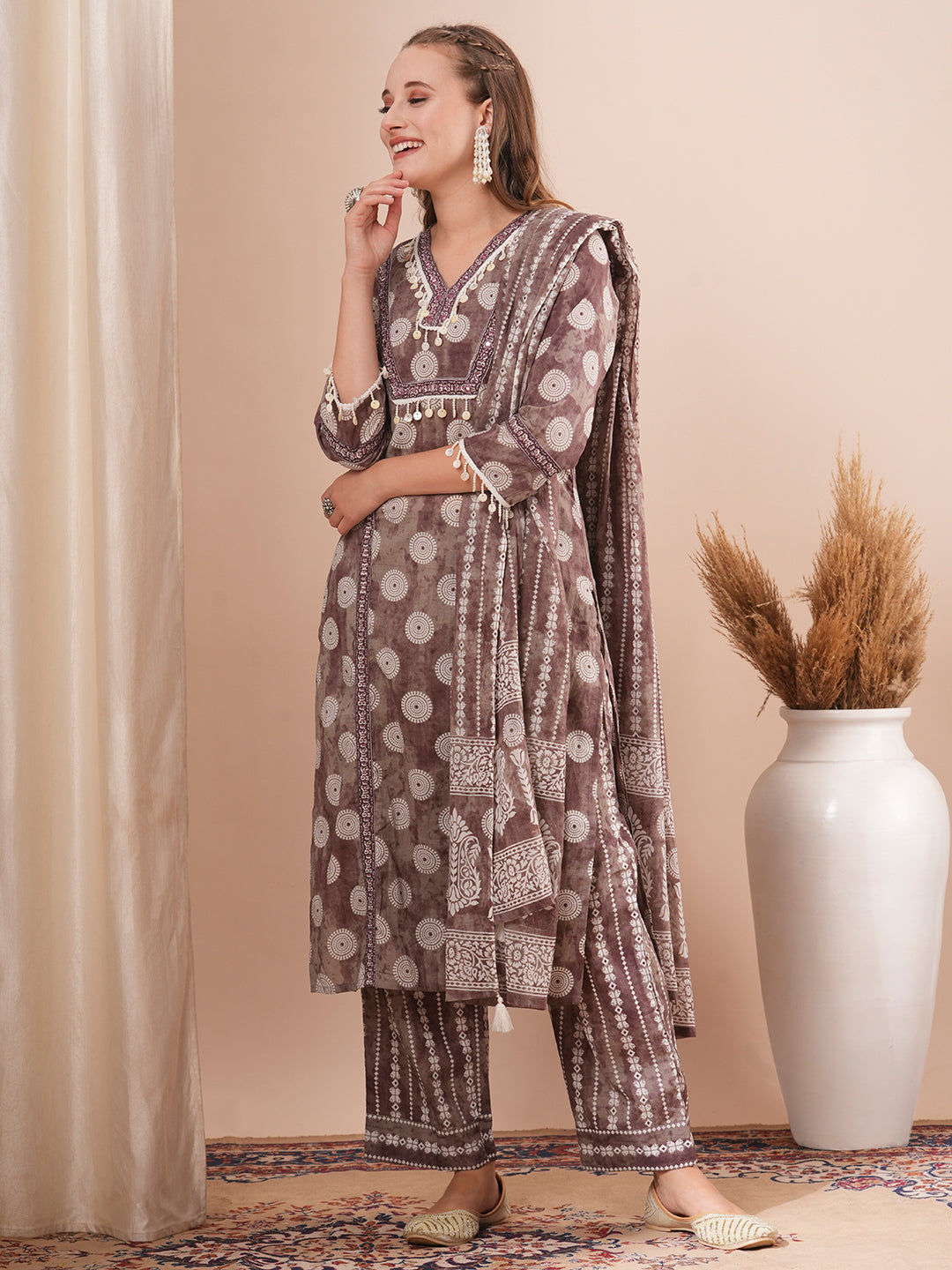 Ethnic Printed Straight Fit Kurta with Palazzo & Dupatta - Brown