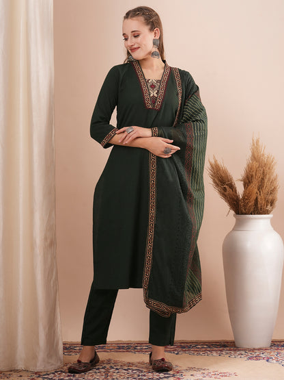 Solid Ethnic Embroidered Straight Fit Kurta with Pant and Printed Dupatta - Green