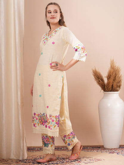 Solid Floral Embroidered Straight Fit Co-ord Set - Off White