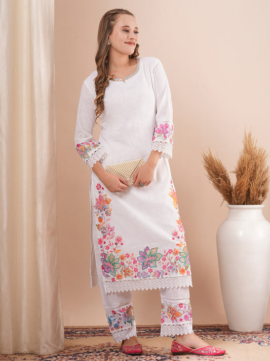 Solid Floral Embroidered Straight Fit Co-ord Set - White