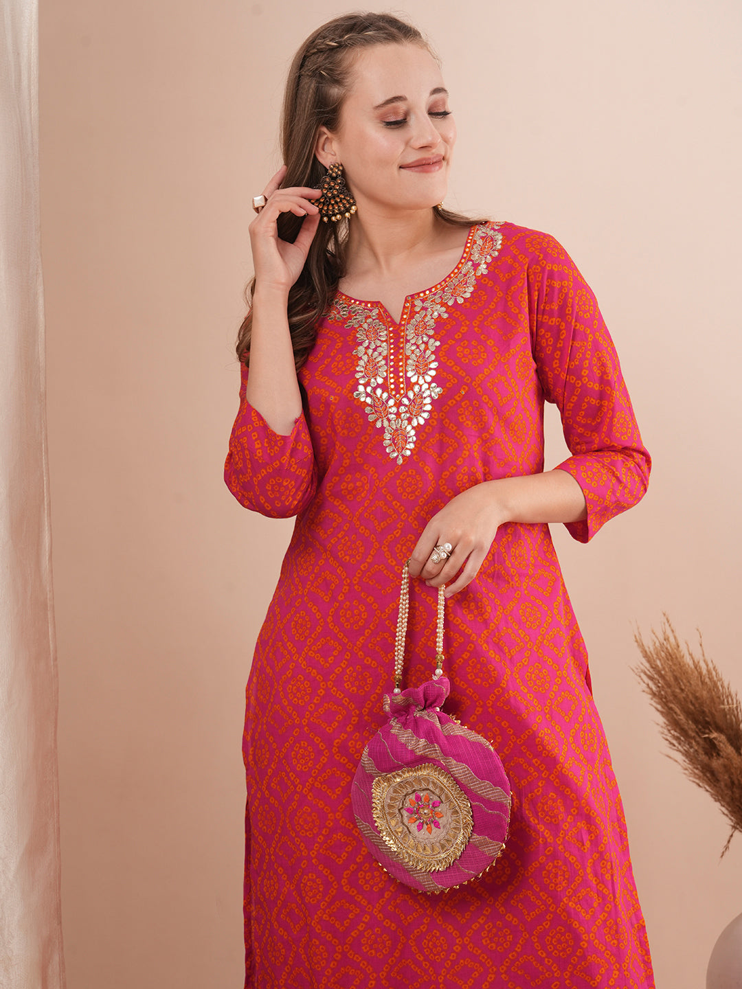 Ethnic Bandhani Printed & Embroidered Straight Fit Kurta with Pant - Pink