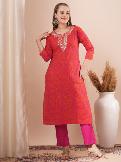 Ethnic Bandhani Printed & Embroidered Straight Fit Kurta with Pant - Pink