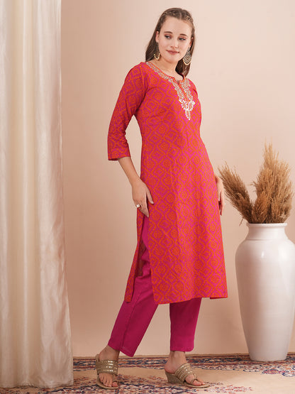 Ethnic Bandhani Printed & Embroidered Straight Fit Kurta with Pant - Pink