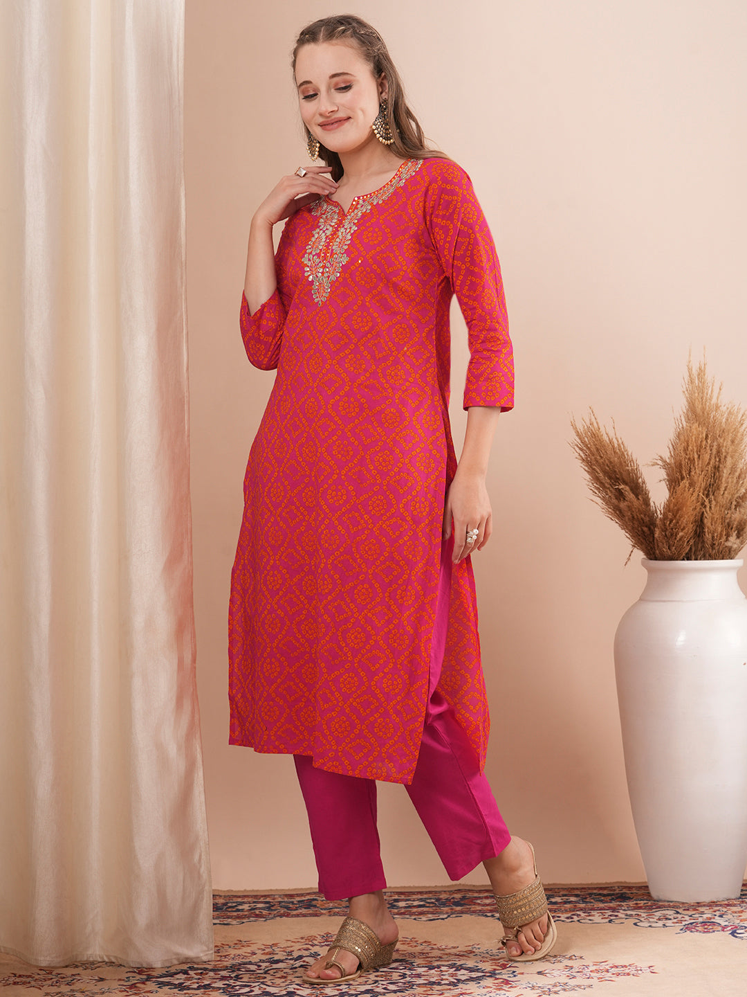 Ethnic Bandhani Printed & Embroidered Straight Fit Kurta with Pant - Pink