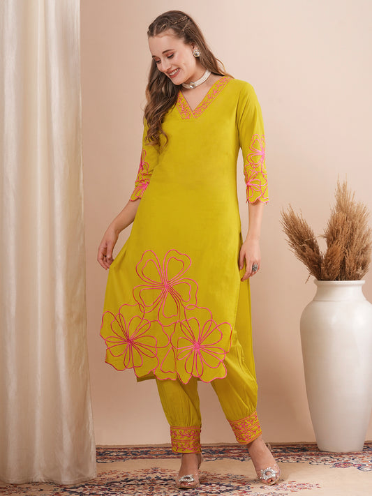 Solid Abstract Floral Cutwork Embroidered Straight Fit Co-ord Set - Lime Green