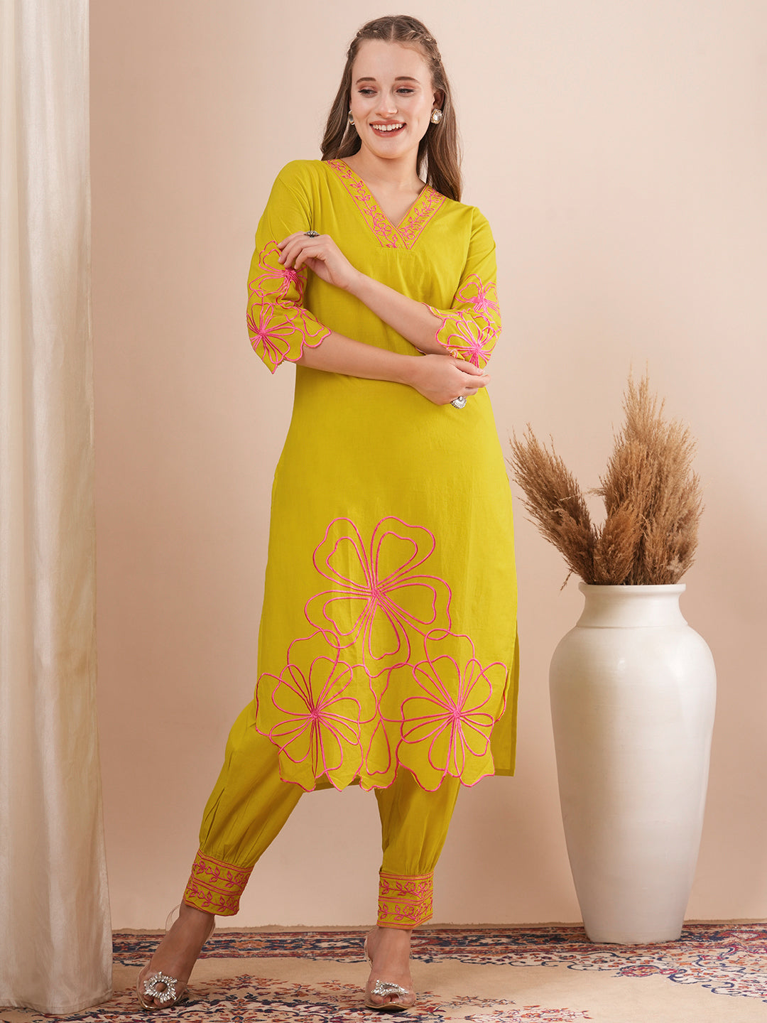 Solid Abstract Floral Cutwork Embroidered Straight Fit Co-ord Set - Lime Green