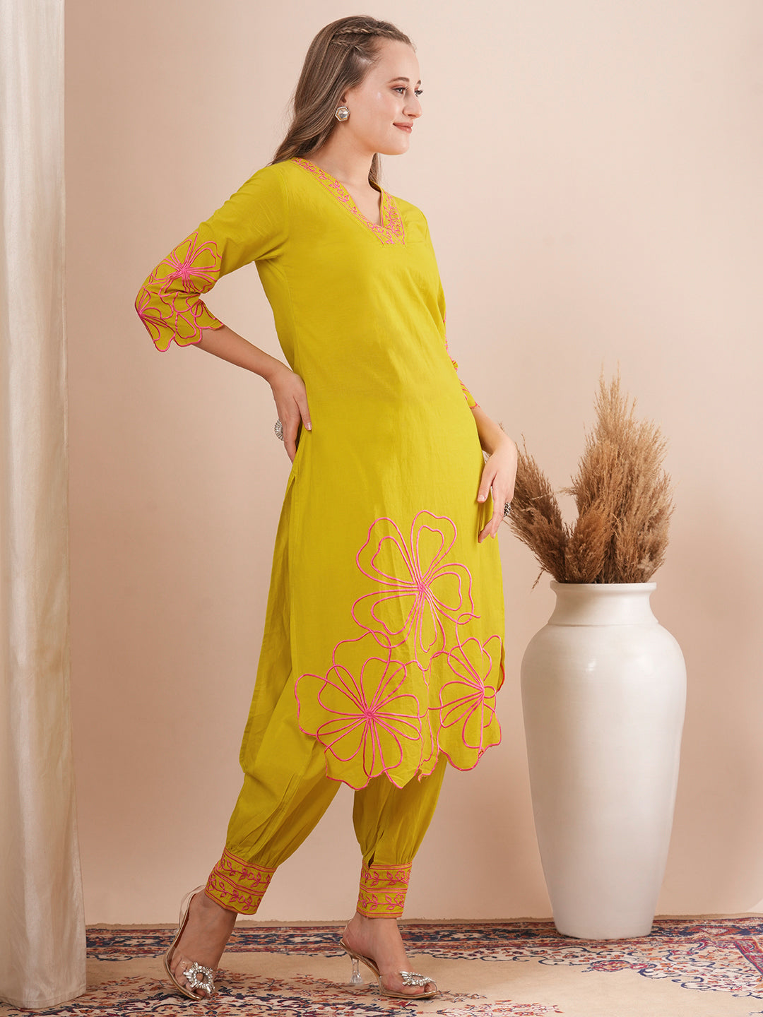 Solid Abstract Floral Cutwork Embroidered Straight Fit Co-ord Set - Lime Green