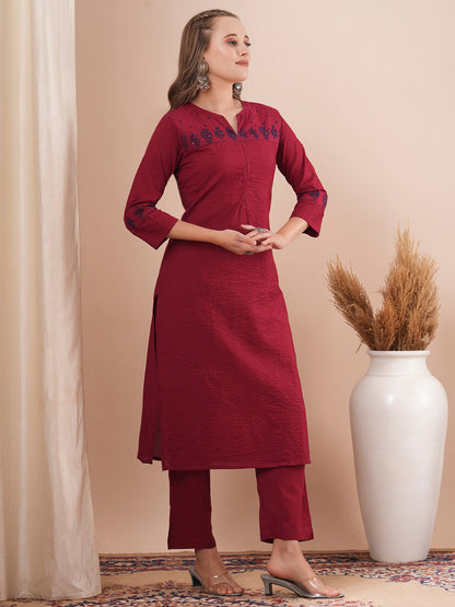 Solid Floral Embroidered Pin Tucked Straight Fit Co-ord Set - Maroon