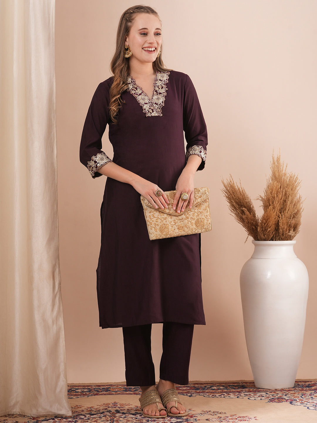 Solid Ethnic Sequin & Zari Embroidered Straight Fit Co-ord Set - Burgundy