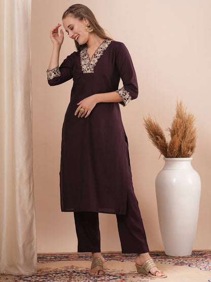 Solid Ethnic Sequin & Zari Embroidered Straight Fit Co-ord Set - Burgundy