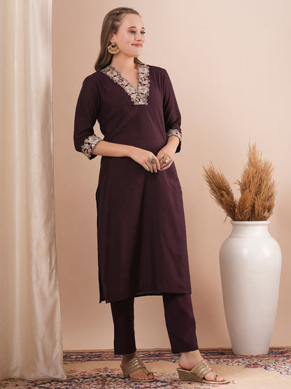 Solid Ethnic Sequin & Zari Embroidered Straight Fit Co-ord Set - Burgundy