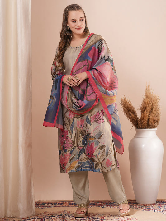 Floral Printed & Hand Embroidered Straight Fit Kurta with Pant and Printed Dupatta - Taupe