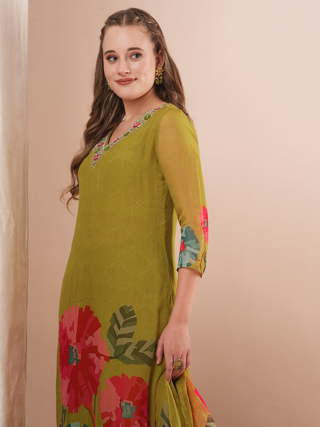 Abstract Floral Printed & Hand Embroidered Straight Fit Kurta with Pant and Dupatta - Green