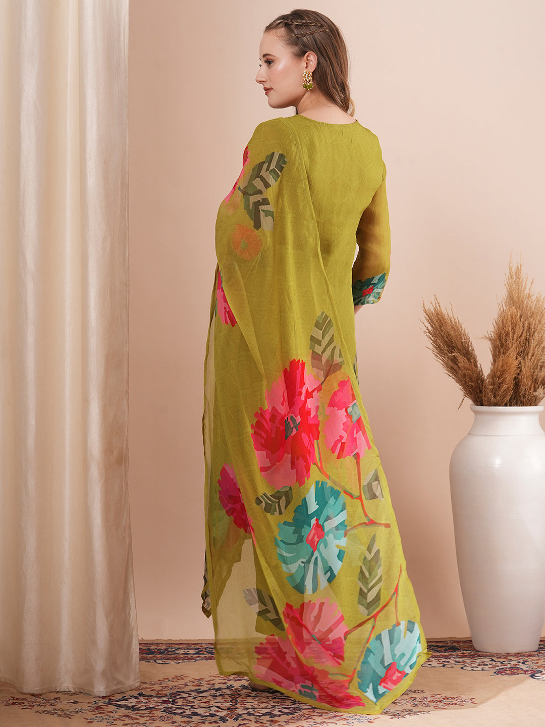 Abstract Floral Printed & Hand Embroidered Straight Fit Kurta with Pant and Dupatta - Green