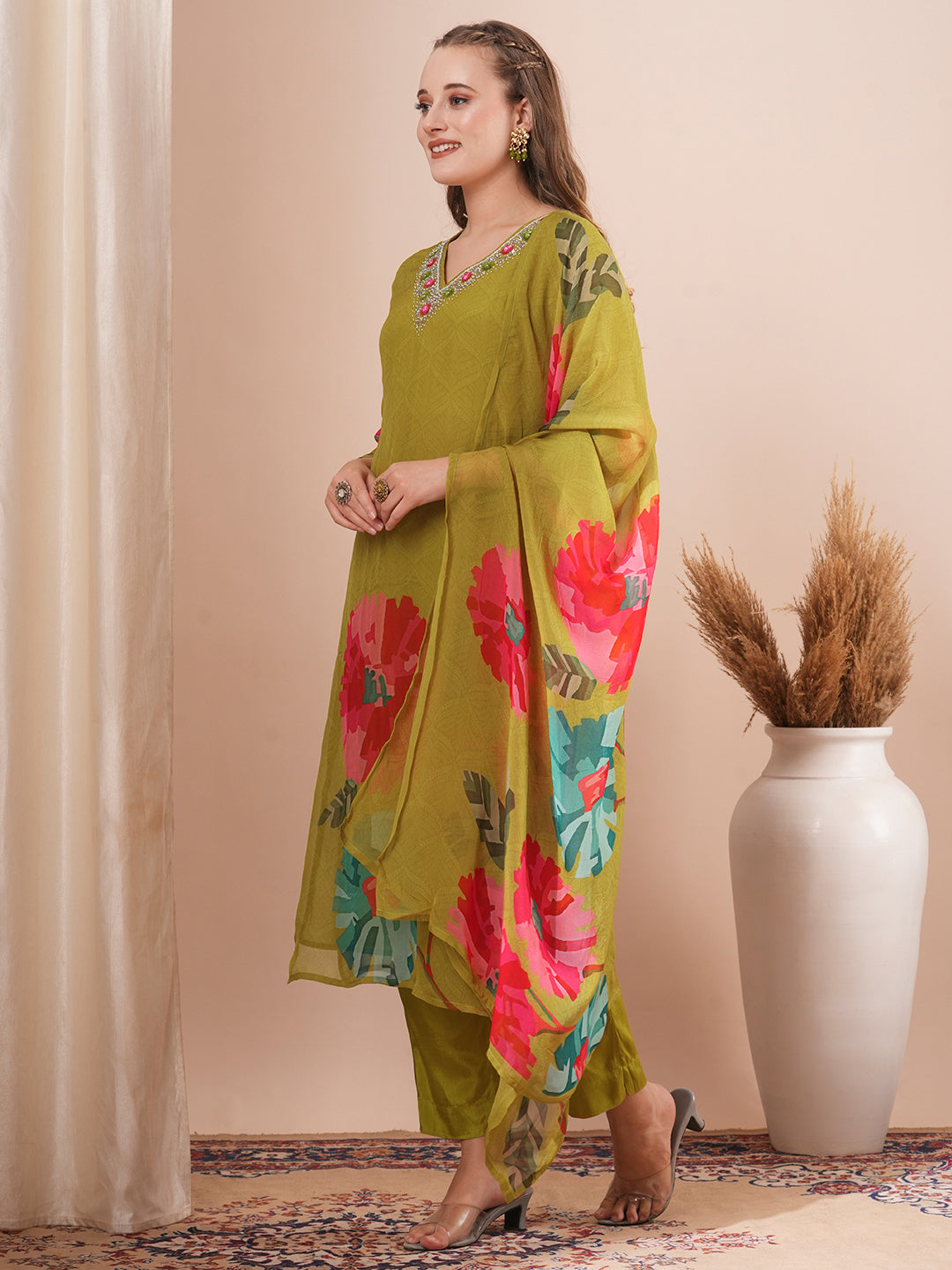 Abstract Floral Printed & Hand Embroidered Straight Fit Kurta with Pant and Dupatta - Green