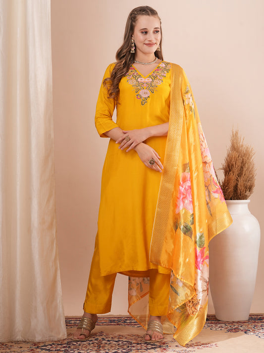Solid Floral Hand Embroidered Straight Kurta with Pant & Printed Dupatta - Yellow