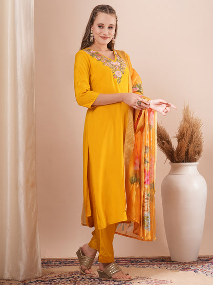 Solid Floral Hand Embroidered Straight Kurta with Pant & Printed Dupatta - Yellow
