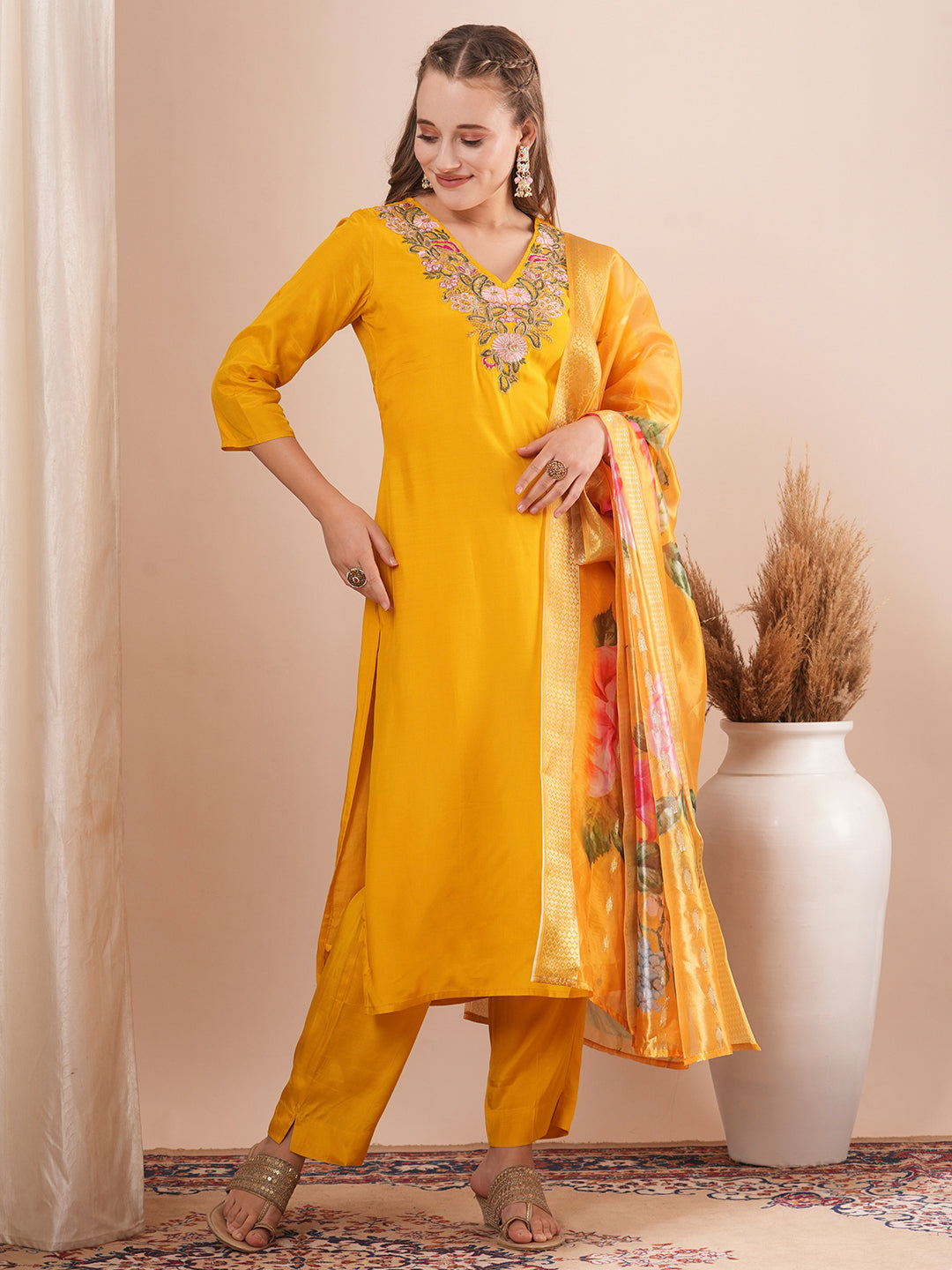 Solid Floral Hand Embroidered Straight Kurta with Pant & Printed Dupatta - Yellow