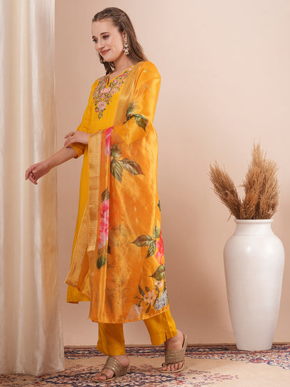 Solid Floral Hand Embroidered Straight Kurta with Pant & Printed Dupatta - Yellow